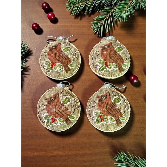 Set of 4 Hand Painted Burlap Cardinal Ornaments-Rustic Farmhouse Christmas-Tree - Picture 1 of 5